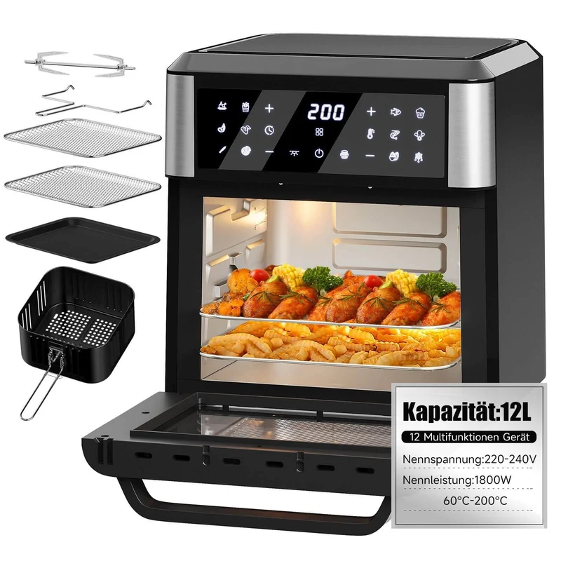 12L Heißluftfritteuse mit Rotationsfunktion, 12 voreingestellten Programmen und LED-Display, 1800W Heißluftofen mit Drehspieß