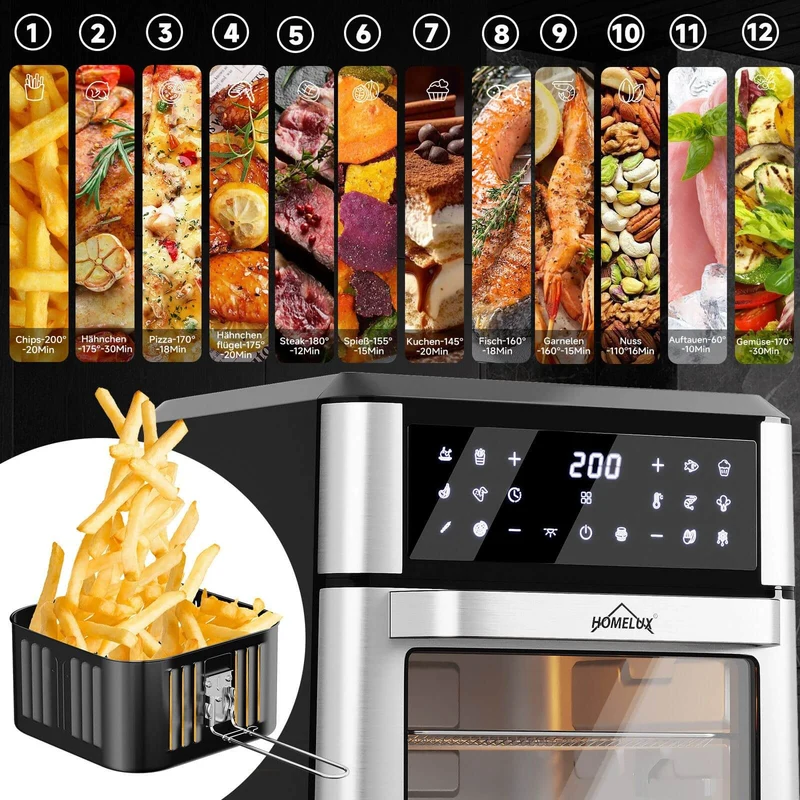 12L Heißluftfritteuse mit Rotationsfunktion, 12 voreingestellten Programmen und LED-Display, 1800W Heißluftofen mit Drehspieß