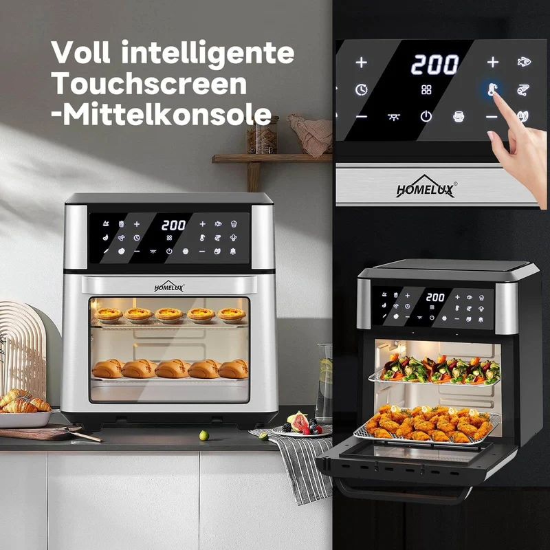 12L Heißluftfritteuse mit Rotationsfunktion, 12 voreingestellten Programmen und LED-Display, 1800W Heißluftofen mit Drehspieß