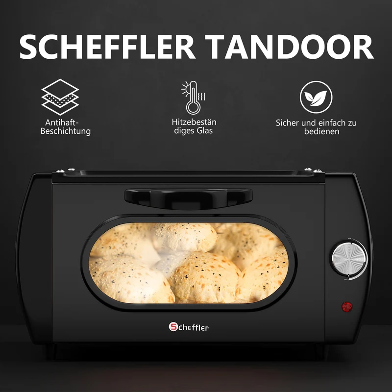 Scheffler Minibackofen Mini-Tandoor 2100 W mit Antihaftbeschichtete Deckplatte, großes Sichtfenster