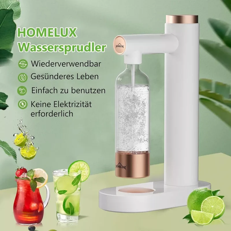 HOMELUX Soda Maker Sprudelwasser Maschine mit / ohne BPA-freien 1L PET-Flaschen / Edelstahlflasche (316er-Edelstahl)