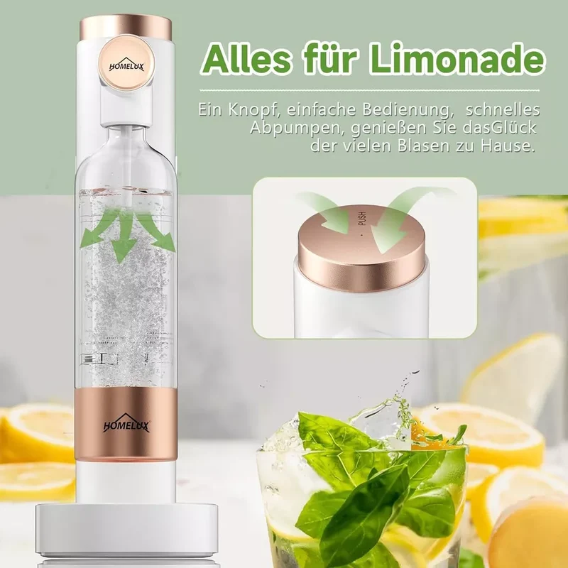 HOMELUX Soda Maker Sprudelwasser Maschine mit / ohne BPA-freien 1L PET-Flaschen / Edelstahlflasche (316er-Edelstahl)