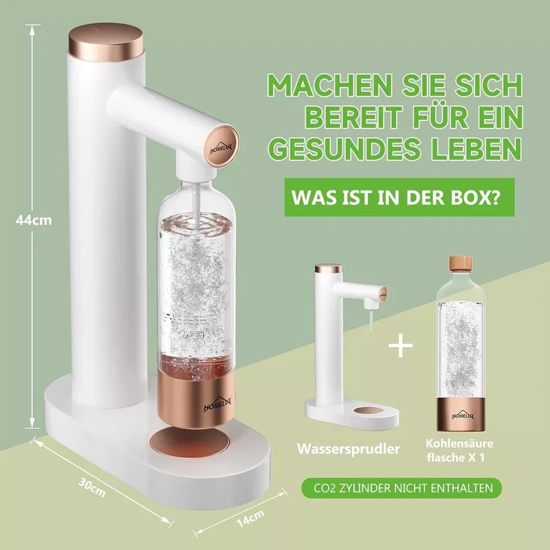 HOMELUX Soda Maker Sprudelwasser Maschine mit / ohne BPA-freien 1L PET-Flaschen / Edelstahlflasche (316er-Edelstahl)