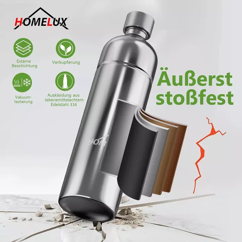 HOMELUX Soda Maker Sprudelwasser Maschine mit / ohne BPA-freien 1L PET-Flaschen / Edelstahlflasche (316er-Edelstahl)