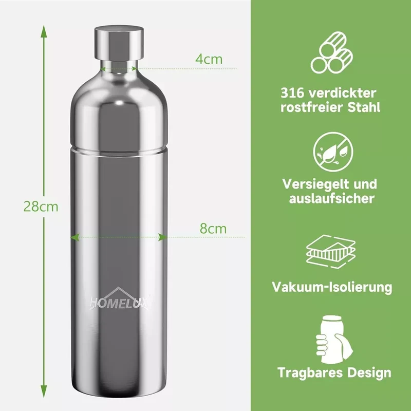 HOMELUX Soda Maker Sprudelwasser Maschine mit / ohne BPA-freien 1L PET-Flaschen / Edelstahlflasche (316er-Edelstahl)