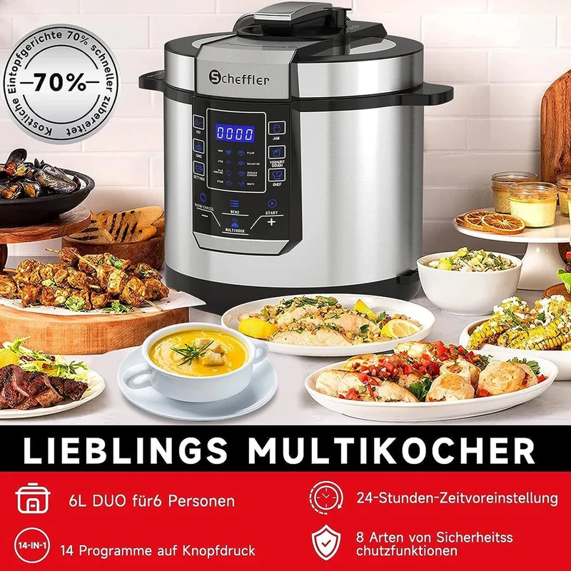 Multikocher 6L 1000W Edelstahl Reiskocher Schnellkochtopf Dampfgarer Reis