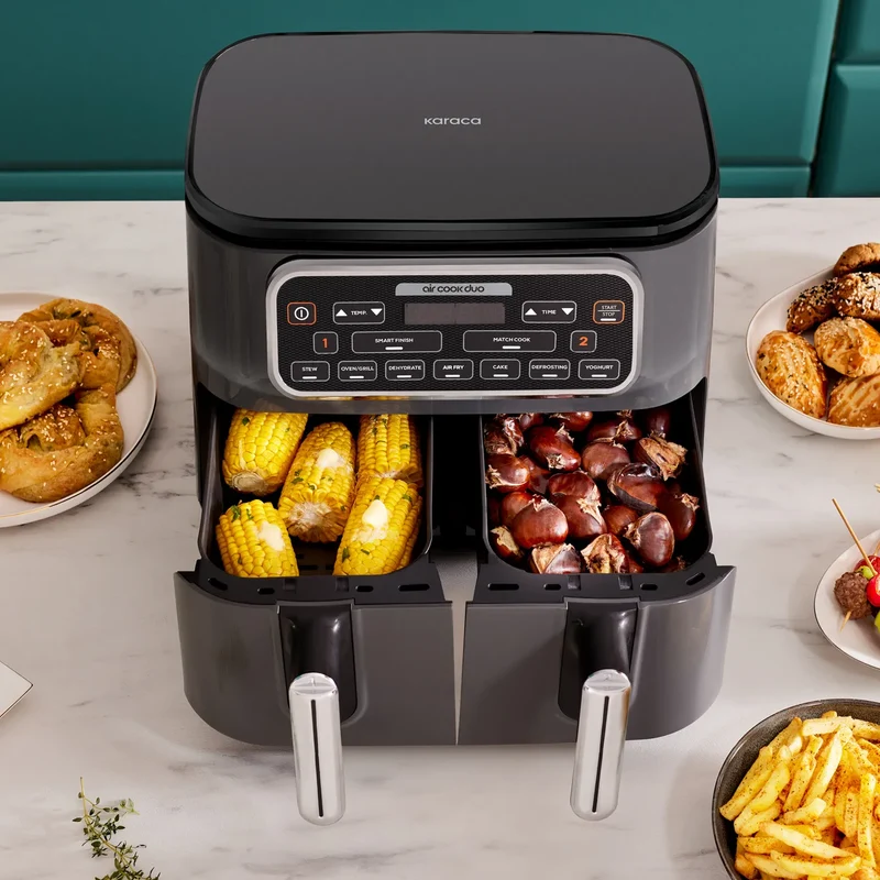 Karaca Air Cook Duo Heißluftfritteuse XXXL 8 Liter, Black Chrome, 8 Personen, 2500W
