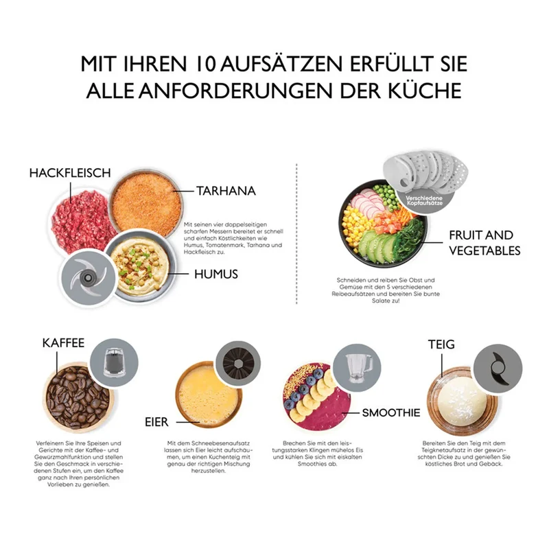 Karaca Mastermaid Power Multifunktionsset 10 in 1 Weiche Creme Lebensmittelzubereitung Set 2000W