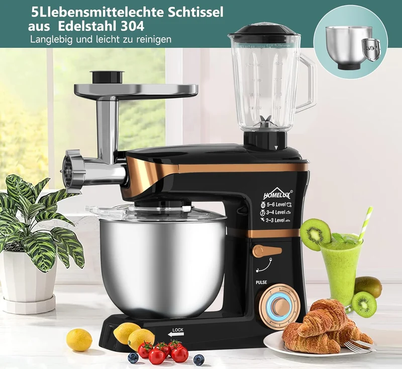 HOMELUX 3-in-1 Küchenmaschine 6L / 5L Fleischwolf, Knetmaschine, 6-stufiger Mixer, 1.5L Saftpresse, Edelstahlschüssel