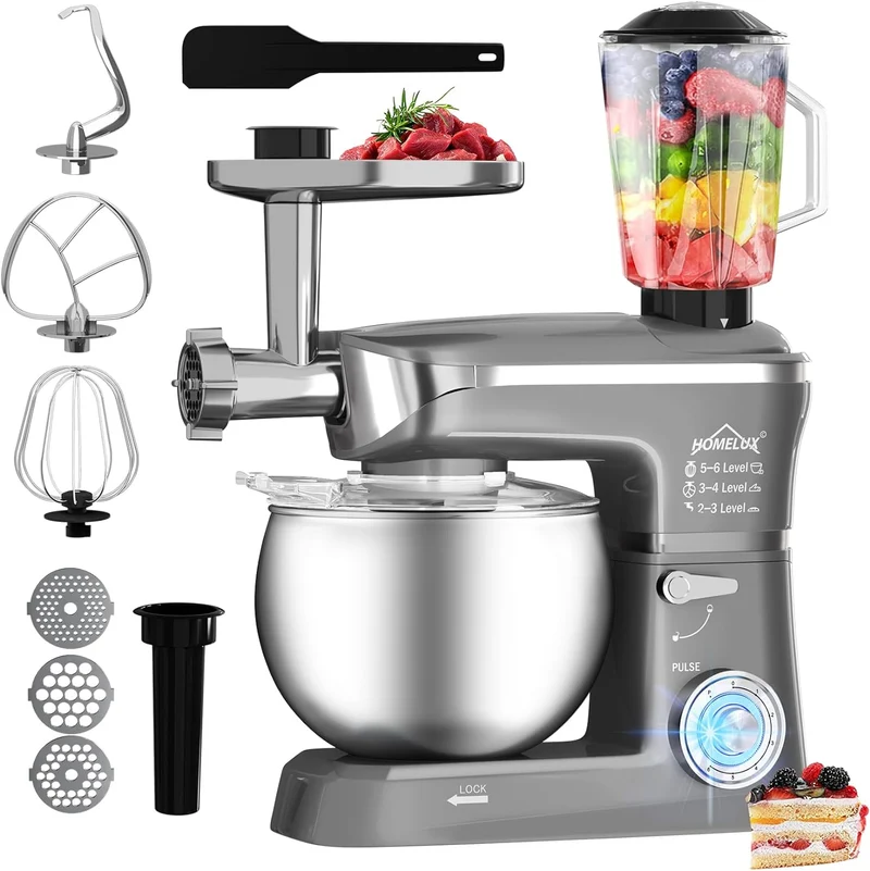 HOMELUX 3-in-1 Küchenmaschine 6L / 5L Fleischwolf, Knetmaschine, 6-stufiger Mixer, 1.5L Saftpresse, Edelstahlschüssel