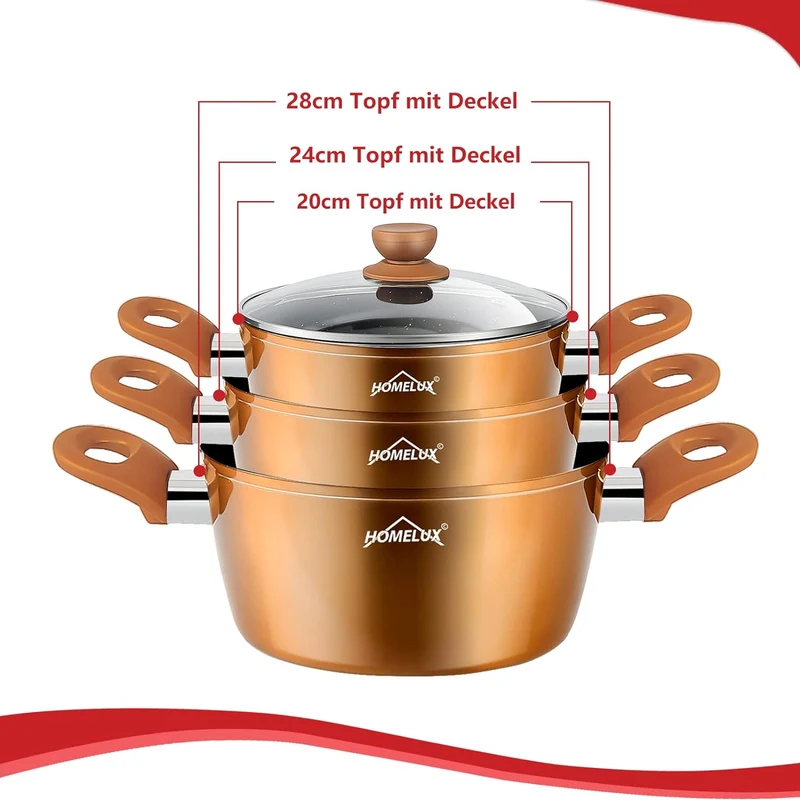 10tlg Induktions-Töpfe Set Homelux KoHerdartenchtopfset aus Aluminiumguss mit Antihaftbeschichtung, inkl. Deckel. PFOA frei, für alle