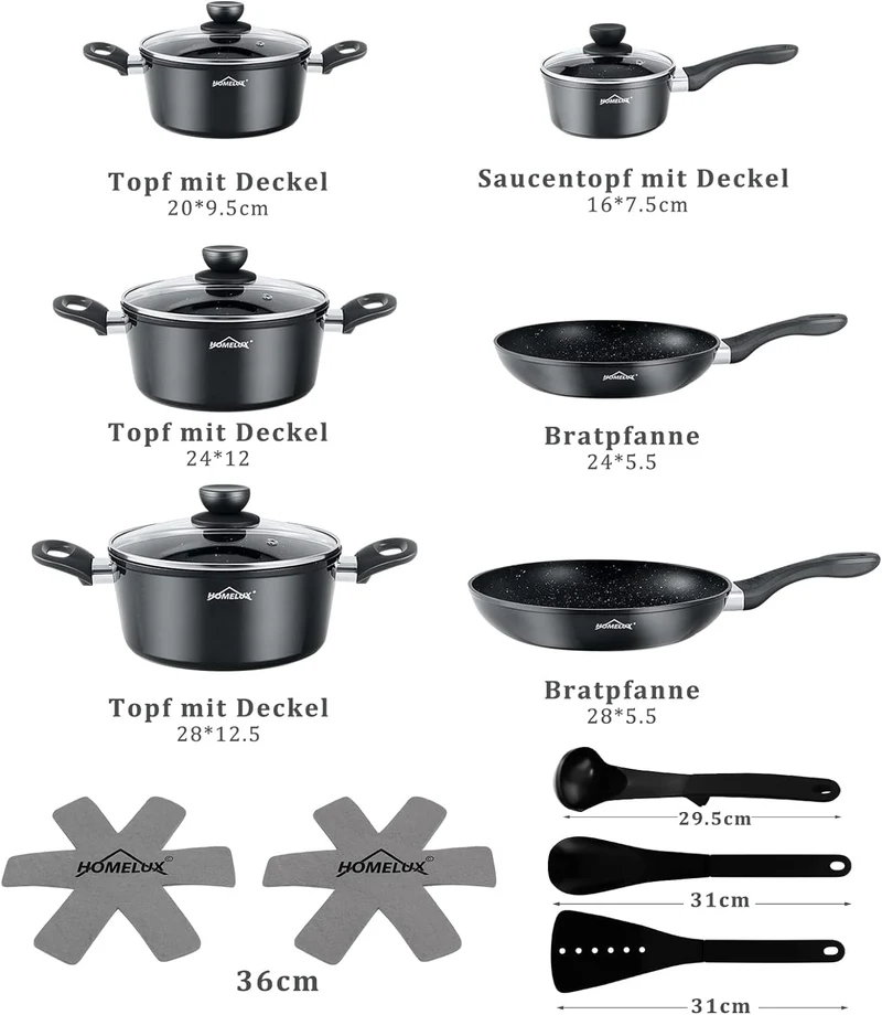 10tlg Induktions-Töpfe Set Homelux KoHerdartenchtopfset aus Aluminiumguss mit Antihaftbeschichtung, inkl. Deckel. PFOA frei, für alle