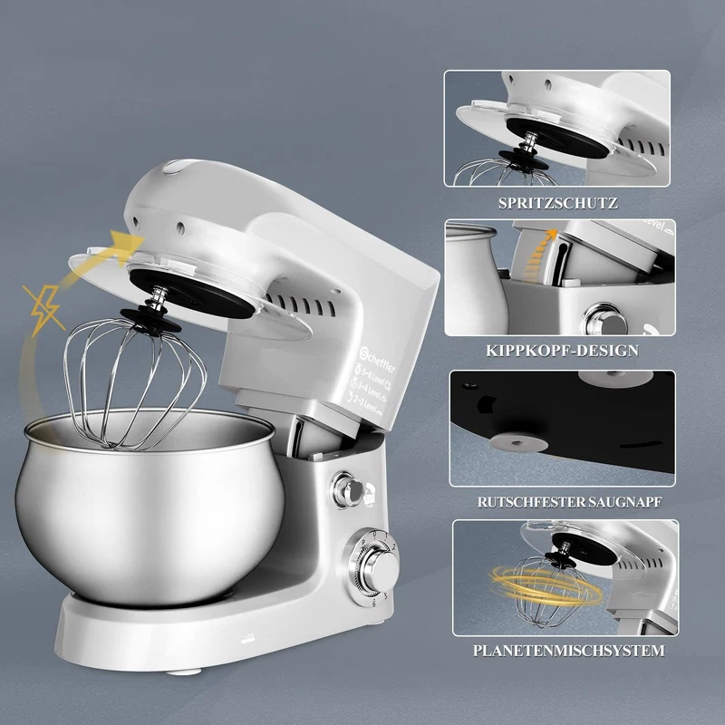 Küchenmaschine 2000W ,5L Edelstahlschüssel Knetmaschine mit 6. Gang, Große Küchenmaschine 5L 2000W Knetmaschine Rührmaschine Rührgerät