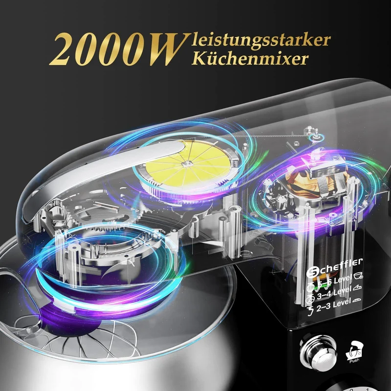 Küchenmaschine 2000W ,5L Edelstahlschüssel Knetmaschine mit 6. Gang, Große Küchenmaschine 5L 2000W Knetmaschine Rührmaschine Rührgerät