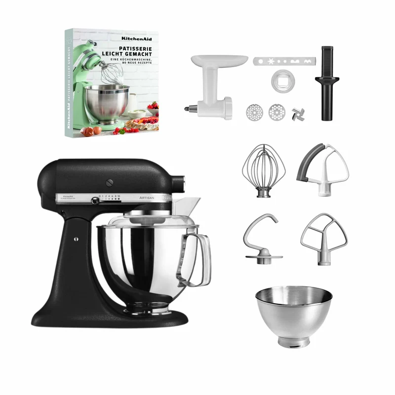 KitchenAid 4,8 L 5KSM175 Artisan Küchenmaschine Pastrylover mit Kunststofffleischwolf+Spritzgebäckvorsatz und Patisserie Buch