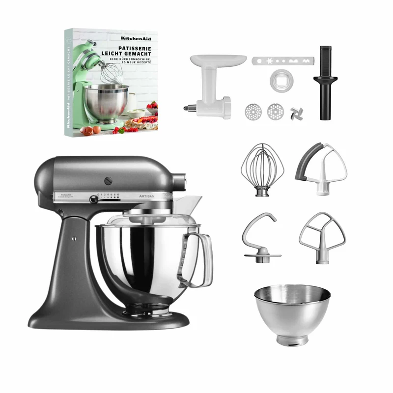 KitchenAid 4,8 L 5KSM175 Artisan Küchenmaschine Pastrylover mit Kunststofffleischwolf+Spritzgebäckvorsatz und Patisserie Buch