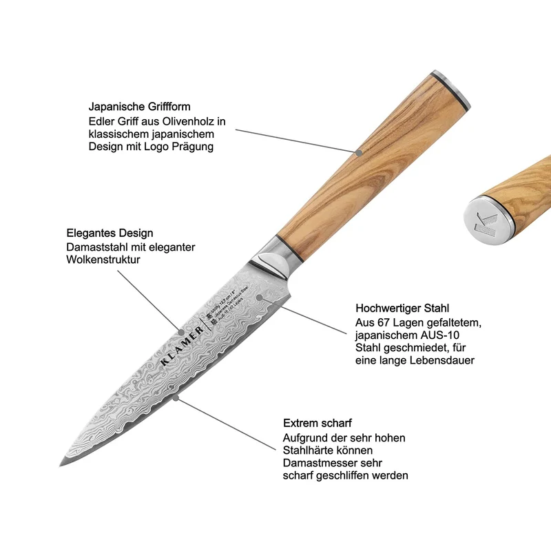 Damast Allzweckmesser 12.7cm mit Olivenholz