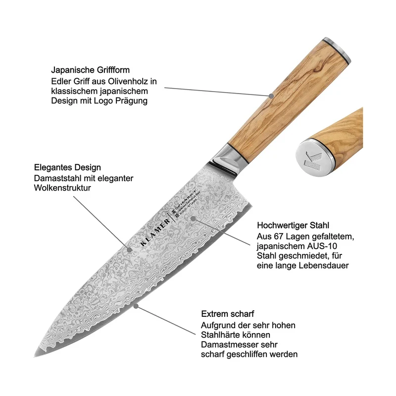 Damast Chefmesser 20cm mit Olivenholz