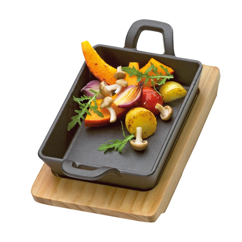 Servierpfanne eckig mit Holzbrett