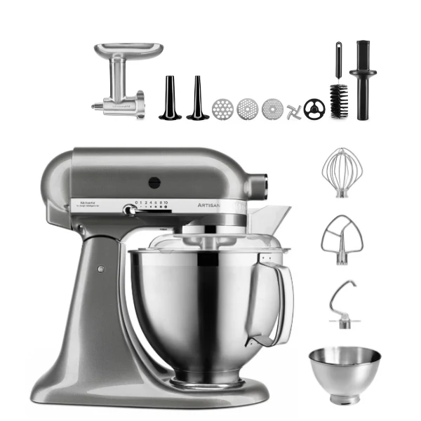 KitchenAid 4,8 L 5KSM185 Artisan Küchenmaschine Meatlover Metallfleischwolf 5KSMMGA Gr. 8 und Spritzgebäckvorsatz