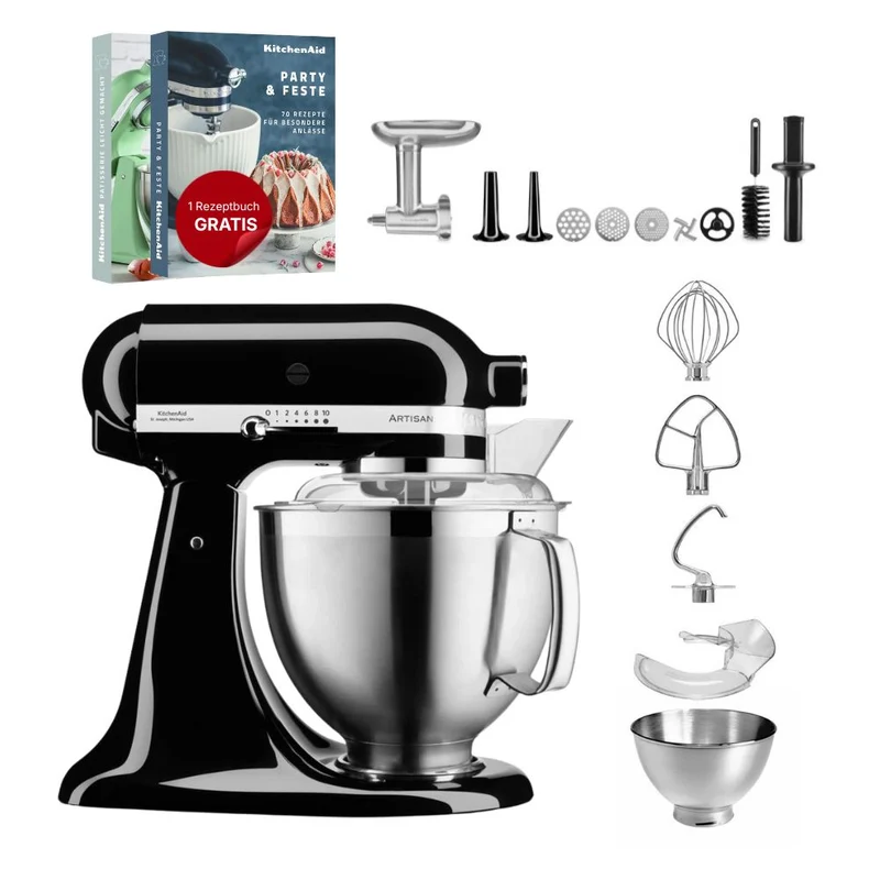 KitchenAid 4,8 L 5KSM185 Artisan Küchenmaschine Meatlover Metallfleischwolf 5KSMMGA Gr. 8 und Spritzgebäckvorsatz