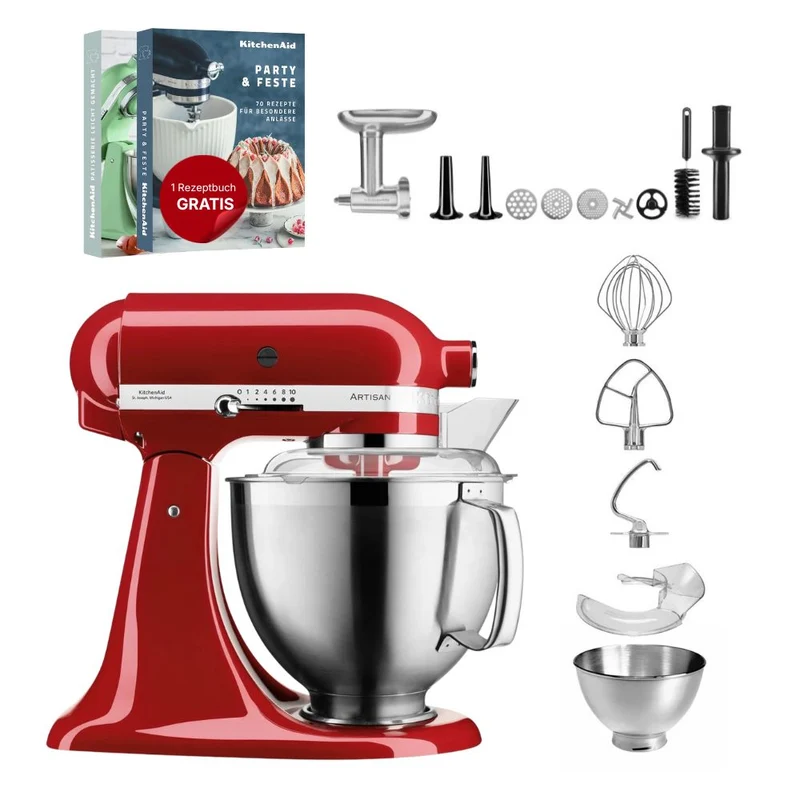 KitchenAid 4,8 L 5KSM185 Artisan Küchenmaschine Meatlover Metallfleischwolf 5KSMMGA Gr. 8 und Spritzgebäckvorsatz