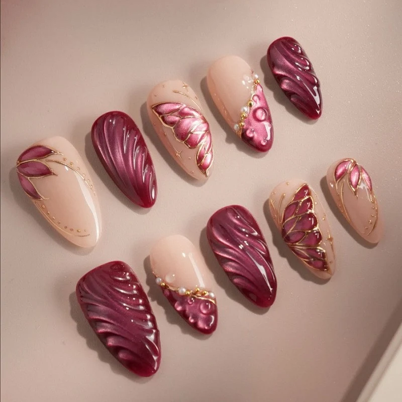 Premium Künstlerische Florale Press-On Nagelset Karnz