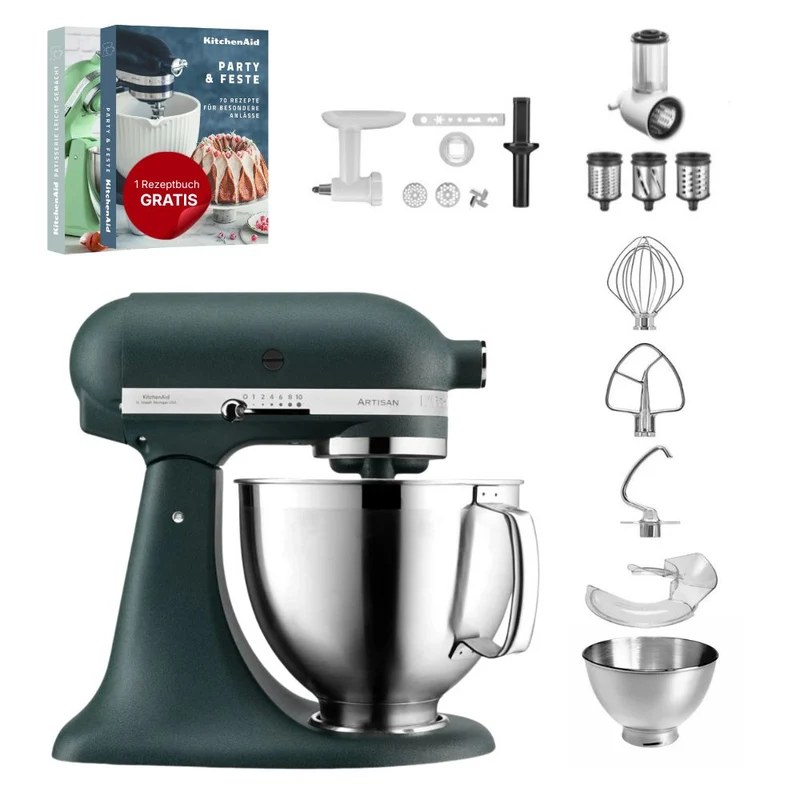 KitchenAid 4,8 L 5KSM185 Artisan Küchenmaschine Allrounderset Fleischwolf+Spritzgebäck+Gemüseschneider