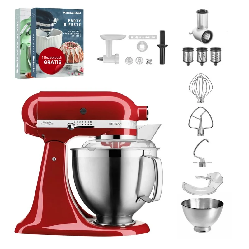 KitchenAid 4,8 L 5KSM185 Artisan Küchenmaschine Allrounderset Fleischwolf+Spritzgebäck+Gemüseschneider