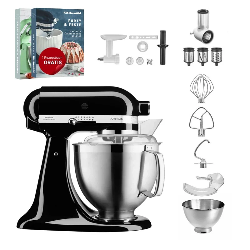 KitchenAid 4,8 L 5KSM185 Artisan Küchenmaschine Allrounderset Fleischwolf+Spritzgebäck+Gemüseschneider