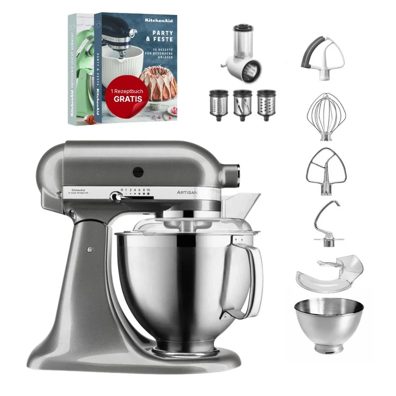KitchenAid 4,8 L 5KSM185 Artisan Küchenmaschine Beginnerset Artisan Gemüseschneider+Flexirührer