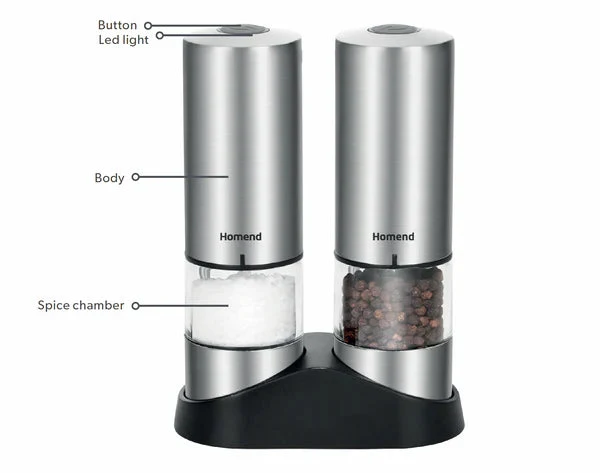Homend Grindgo 6003 2-teiliges Wiederaufladbares Gewürzmühlen-Set, Inox