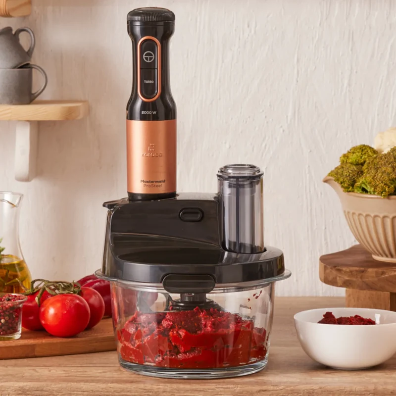 Karaca Mastermaid Küchenroboter aus Stahlglas, Langer Mixer 8 ın 1, 2500 W, Black Copper