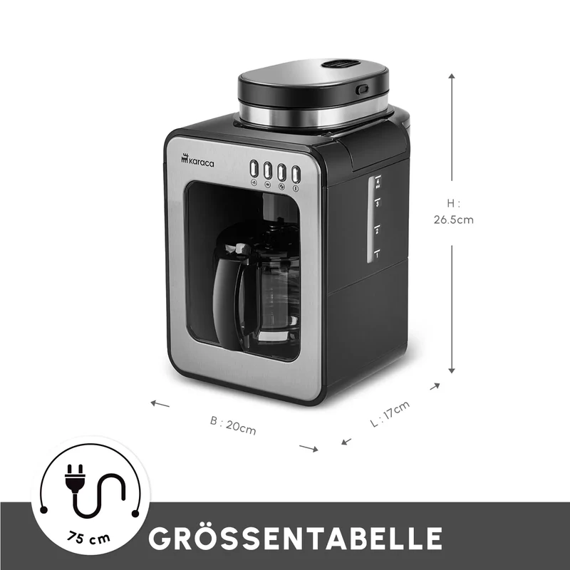 Karaca Grindmaestro Filter-Kaffeemaschine mit Eingebaute Kaffeemühle, 0,5L, 600W, Inox