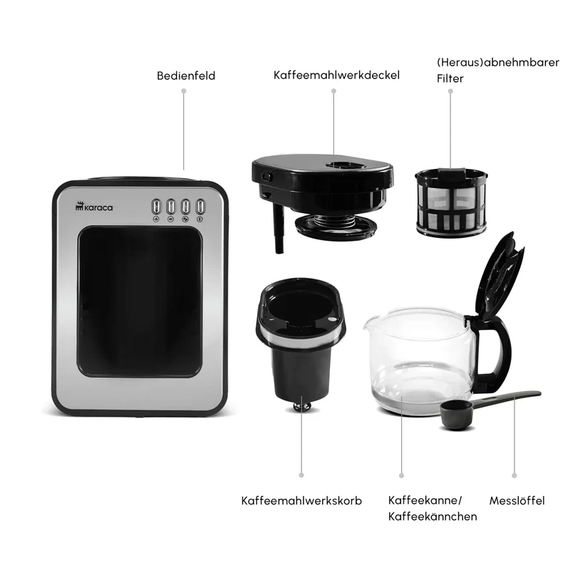 Karaca Grindmaestro Filter-Kaffeemaschine mit Eingebaute Kaffeemühle, 0,5L, 600W, Inox