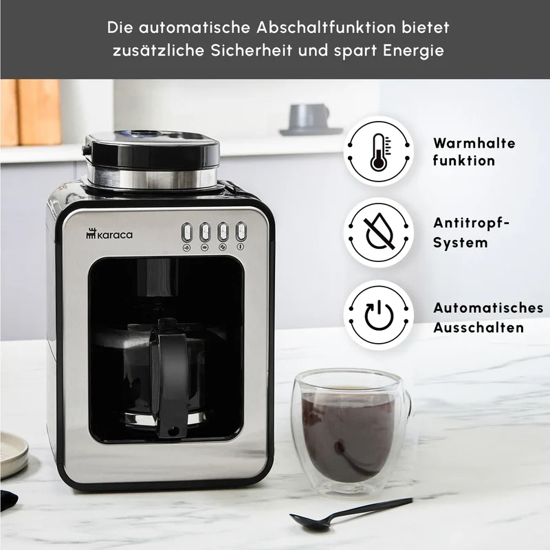 Karaca Grindmaestro Filter-Kaffeemaschine mit Eingebaute Kaffeemühle, 0,5L, 600W, Inox