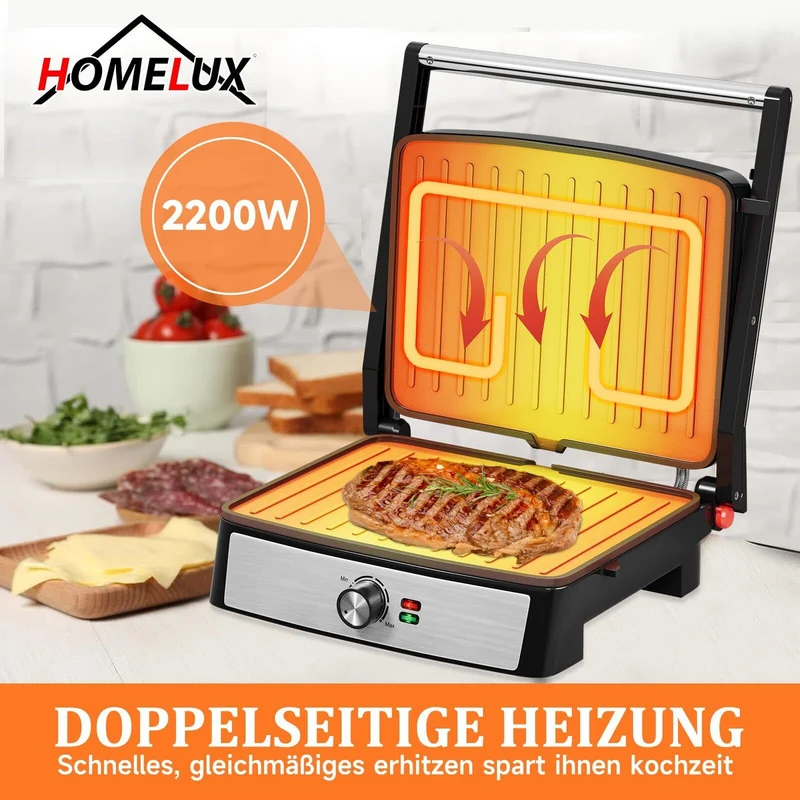 Kontaktgrill 2200W Tischgrill Elektrogrill Grill Panini Maker Sandwich Toaster