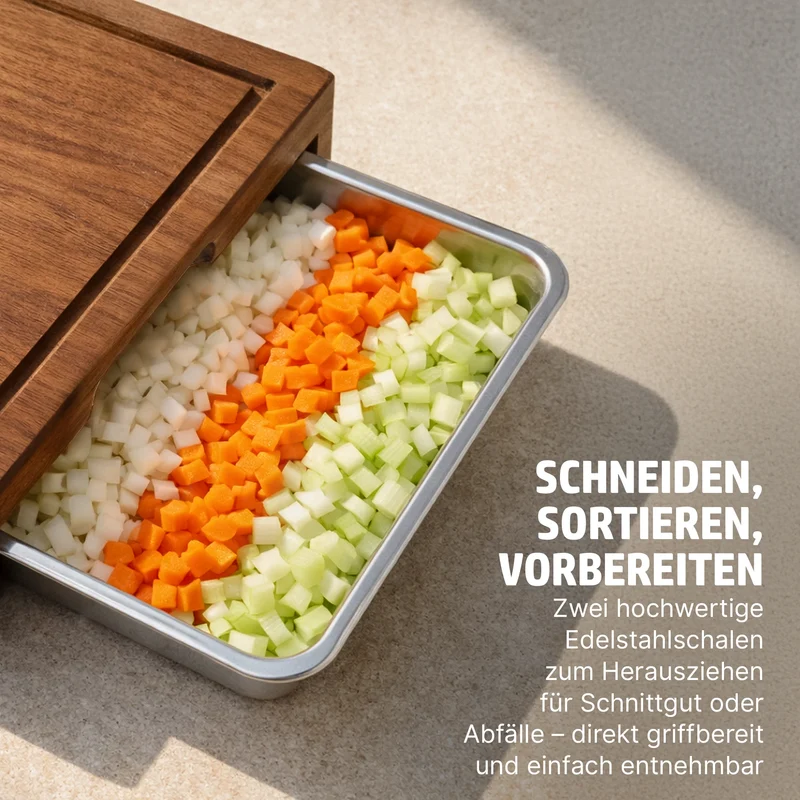 HENSSLERS Multifunktionsschneidebrett (mit 2 Edelstahlschalen)