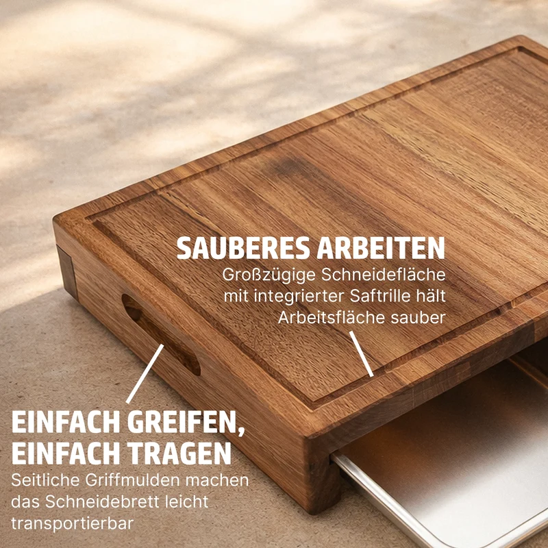 HENSSLERS Multifunktionsschneidebrett (mit 2 Edelstahlschalen)