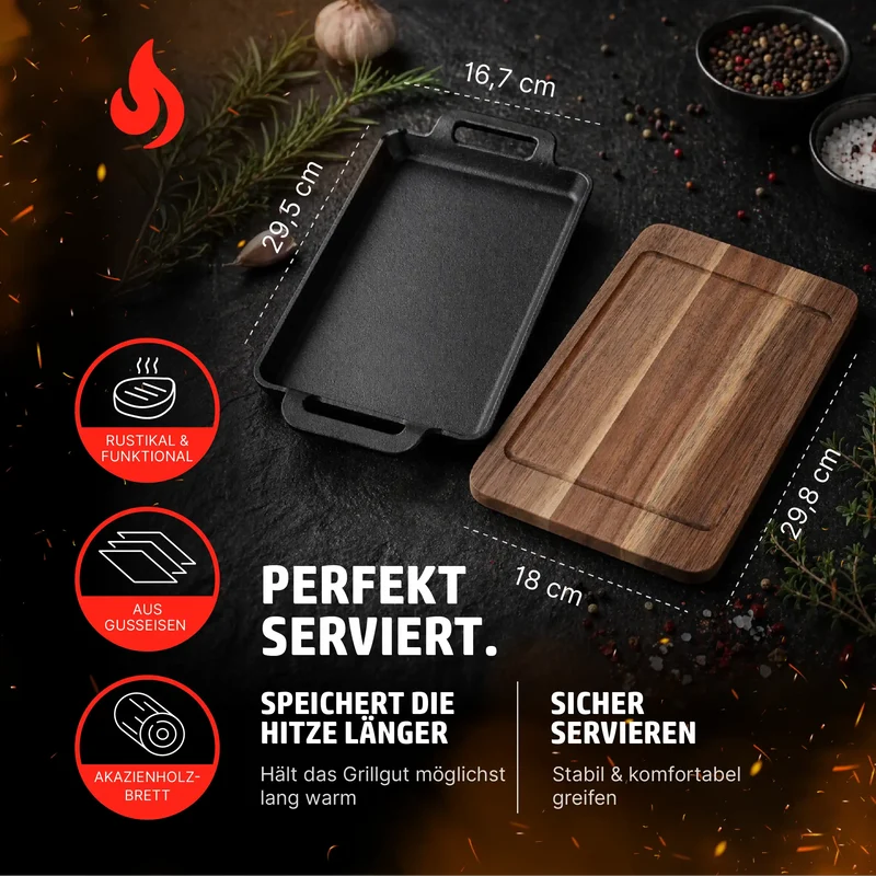 HENSSLERS Grill- / Servierpfanne mit Holzbrett