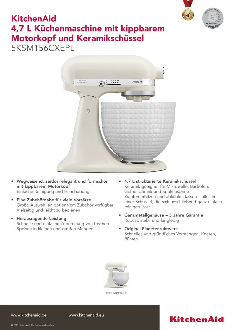 KitchenAid Küchenmaschine Artisan mit Keramikschüssel 5KSM156CXEPL Porcelain