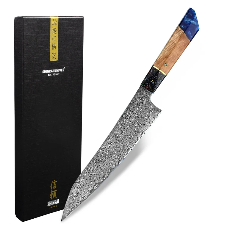 Shinrai Knives - Sapphire Epoxy Jewels - Damast Kochmesser 23 cm - Sonderausgabe