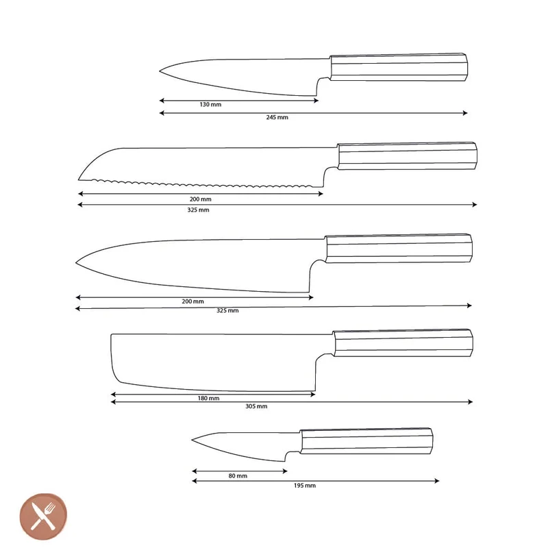 Shinrai Knives – Kigami Exclusive Damascus 5-teiliges Set – Kochmesser + Brotmesser + Nakiri + Büromesser + Schälmesser