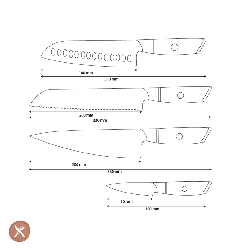 Shinrai Knives - Hikari Damaskus 4-teiliges Set - Kochmesser + Santoku + Brotmesser + Schälmesser