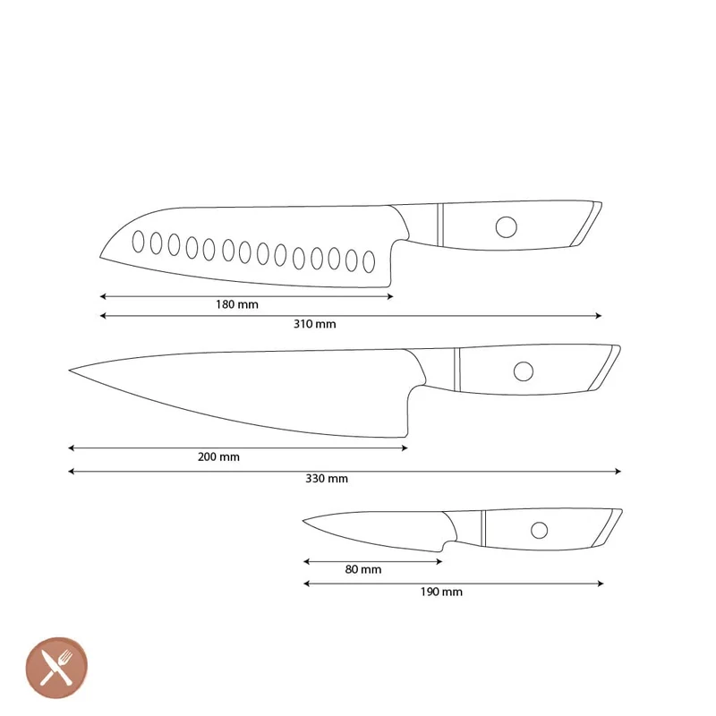Shinrai Knives – Hikari Damaskus 3-teiliges Set – Kochmesser + Santoku + Schälmesser