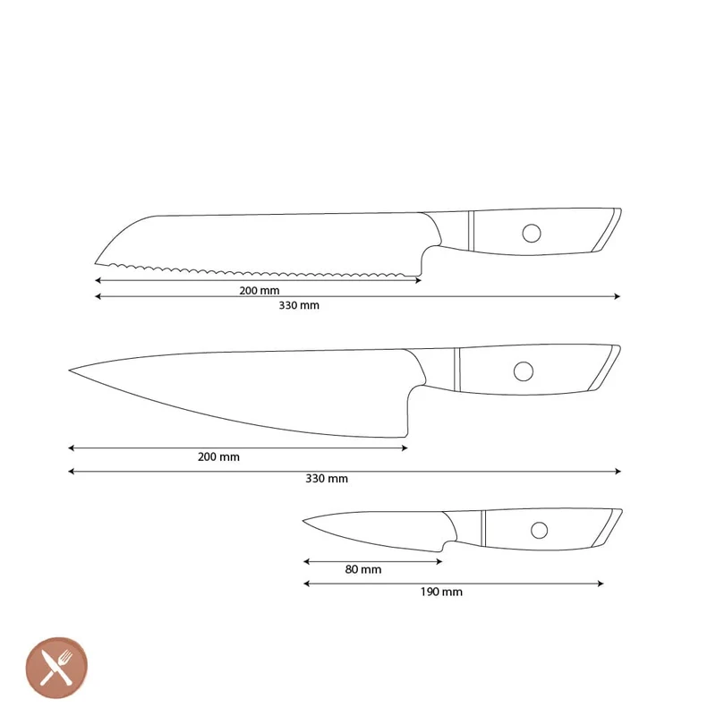 Shinrai Knives – Hikari Damast 3-teiliges Set – Kochmesser + Brotmesser + Schälmesser