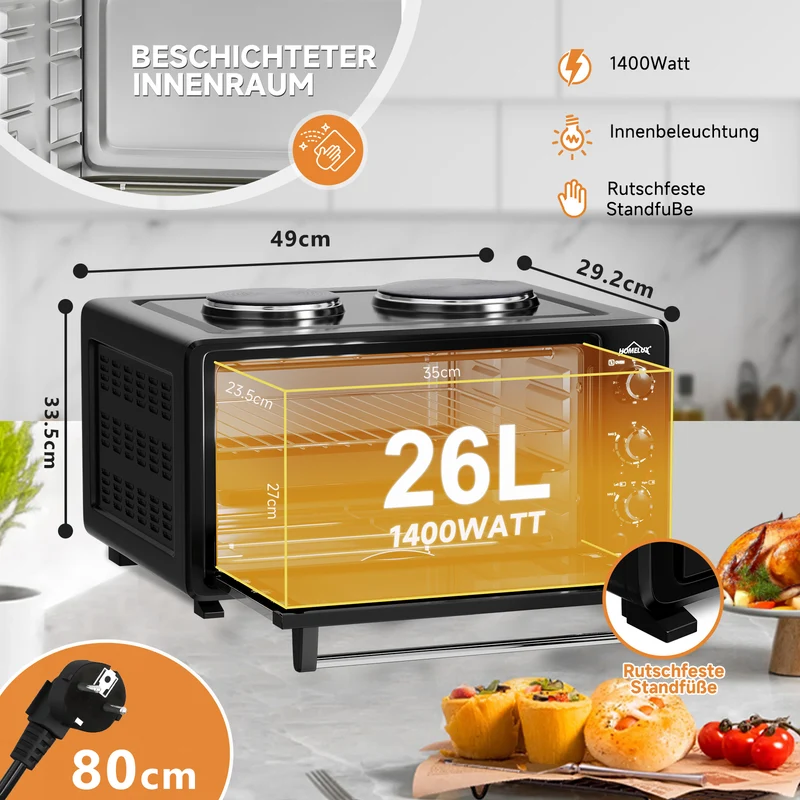 Grill Backofen 1400W 26L 2 x Kochplatte 700W 1000W