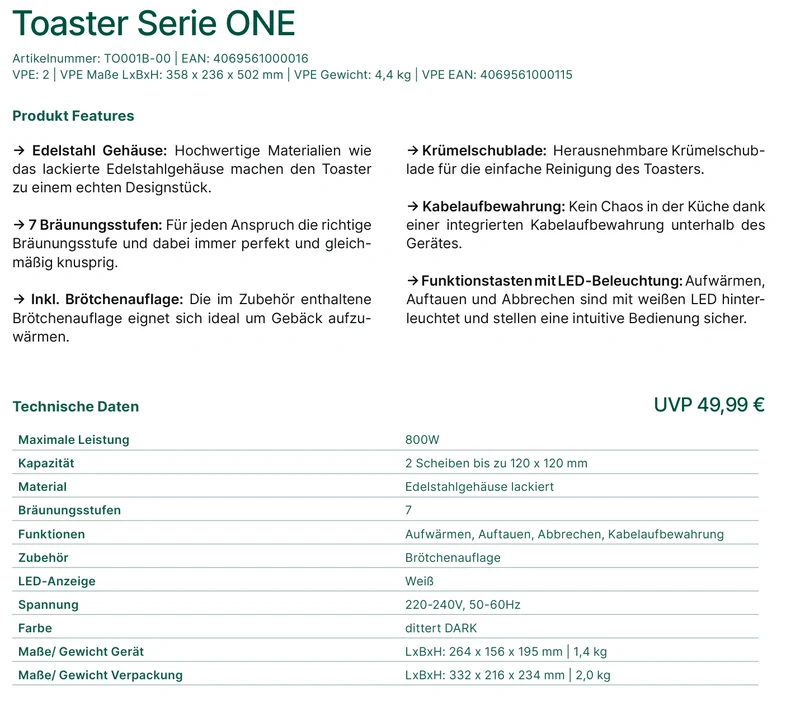 Dittert Toaster Serie ONE - 2 Scheiben Edelstahl 800W mit 7 Bräunungsstufen