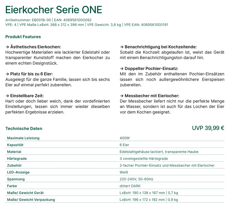 Dittert Eierkocher Serie ONE - 6 Eier 400W mit Pochier-Einsatz & Messbecher