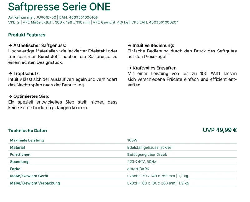 Dittert Saftpresse Serie ONE - 100W Edelstahl Zitruspresse